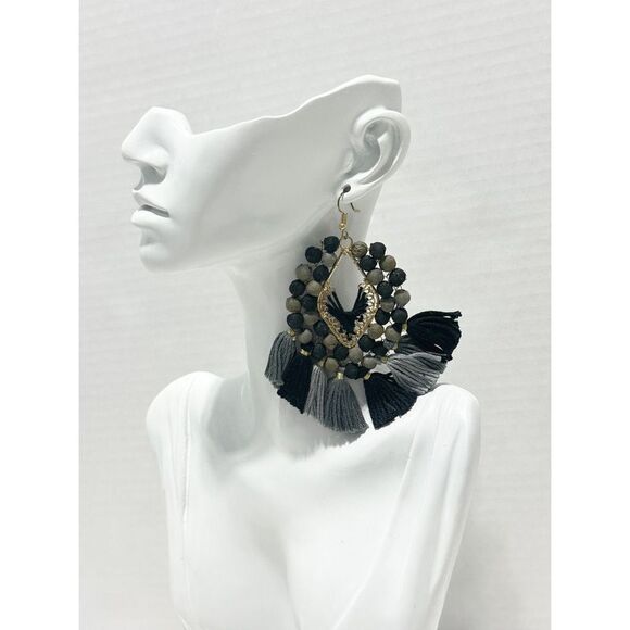 Shiraleah Statement Fringe Tassel Beaded Earrings Dangle Drop‎ Black Gray Gold - Picture 1 of 8